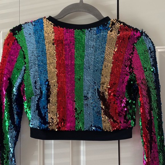 Tops - Cropped Long Sleeve Sequin Top - Multicolor Stripes
